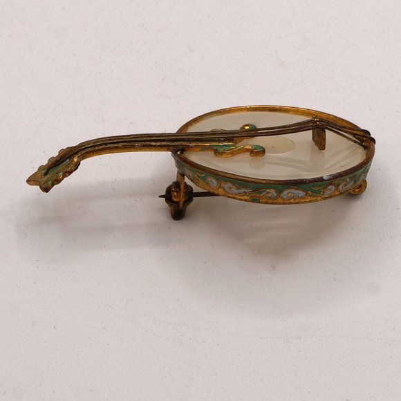 Vintage Spanish Stringed Banjo Pearly Center Green Enamel Brass Tone Brooch - Picture 8 of 13